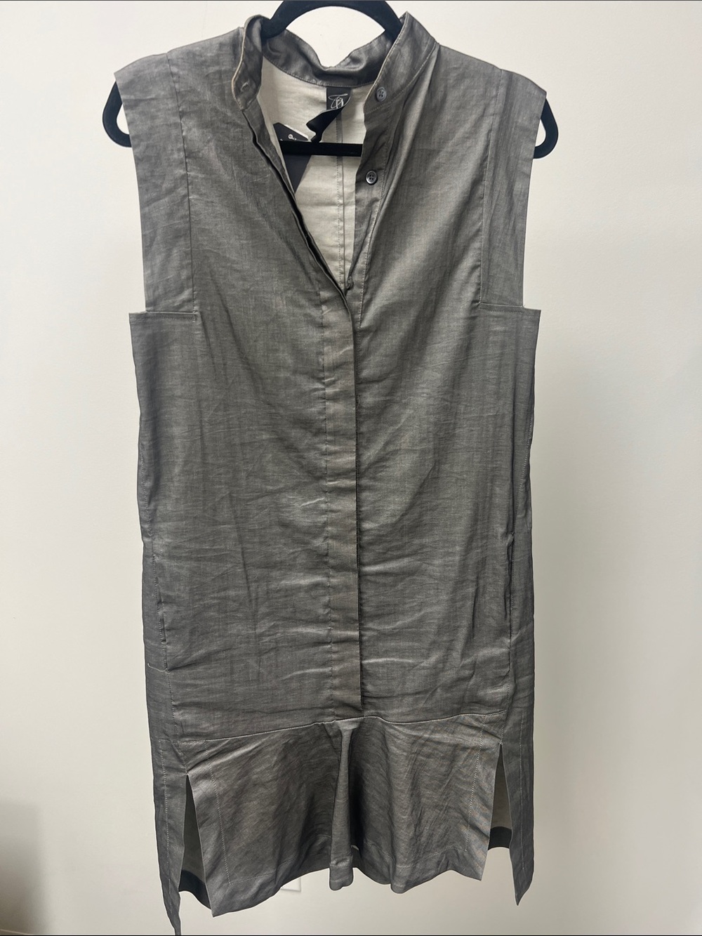 Sleeveless Gray Midi Dress - Minimalist Button Front